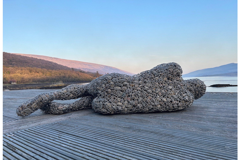 'RESTING' - gabion inspired figure, recently exhibited at Caol Ruadh Sculpture Park www.scottishsculpturepark.com